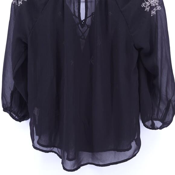 AEO American Eagle Boho Peasant 70s Black Sheer Embroidered Blouse Rope Tassel M - Picture 11 of 13